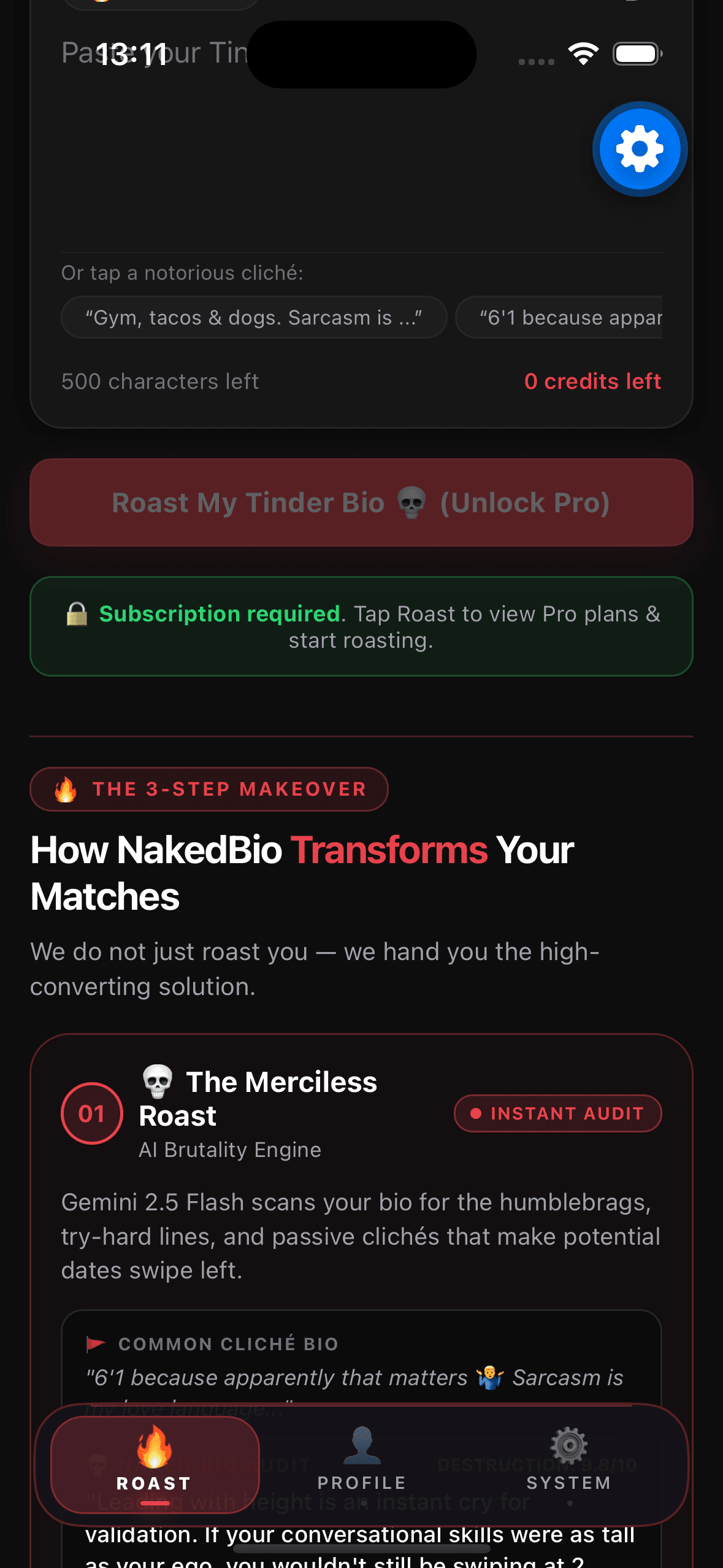 Real NakedBio app screen showing instant profile roast feedback